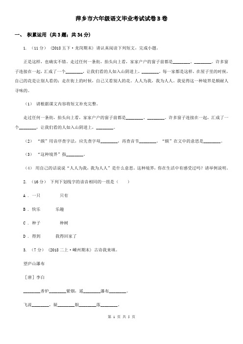 萍乡市六年级语文毕业考试试卷B卷