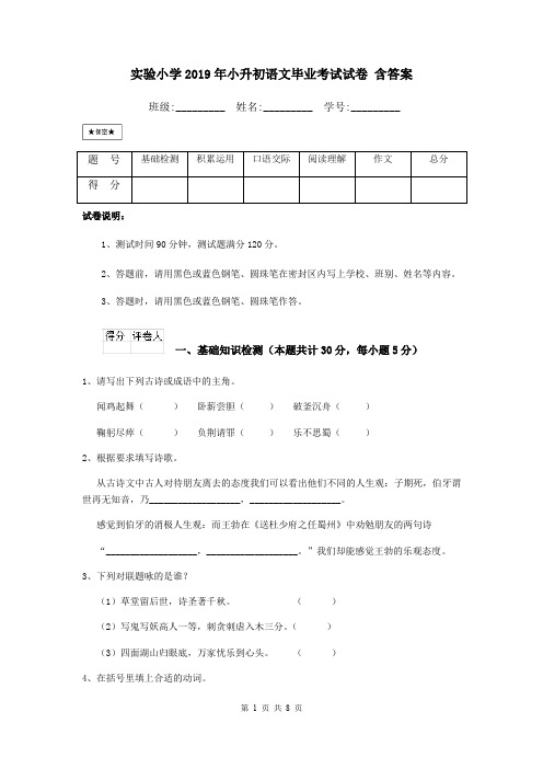 实验小学2019年小升初语文毕业考试试卷 含答案