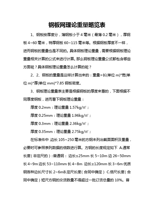 钢板网理论重量略览表