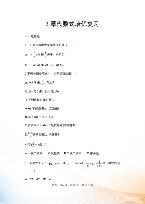 苏科版七年级数学上册期中复习——3章代数式培优复习