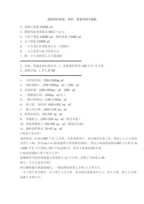 建筑材料密度 体积 重量