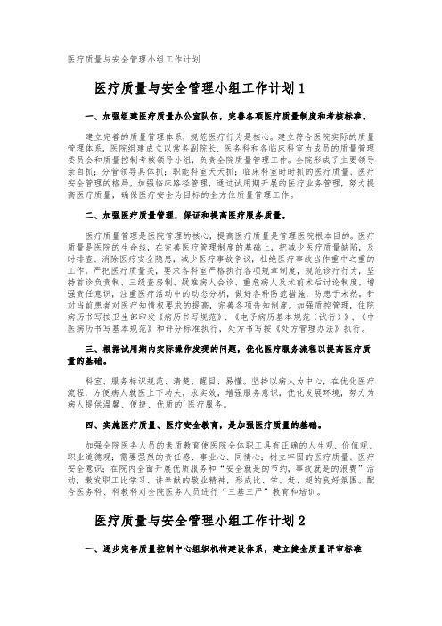 医疗质量与安全管理小组工作计划