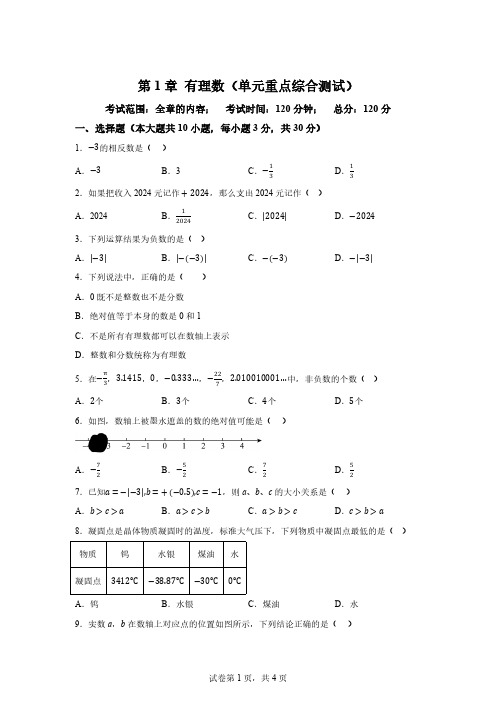 2024-2025学年七年级数学上册 第一章  有理数  单元测试题(含详解)