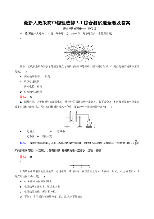 最新人教版高中物理选修3-1综合测试题全套及答案