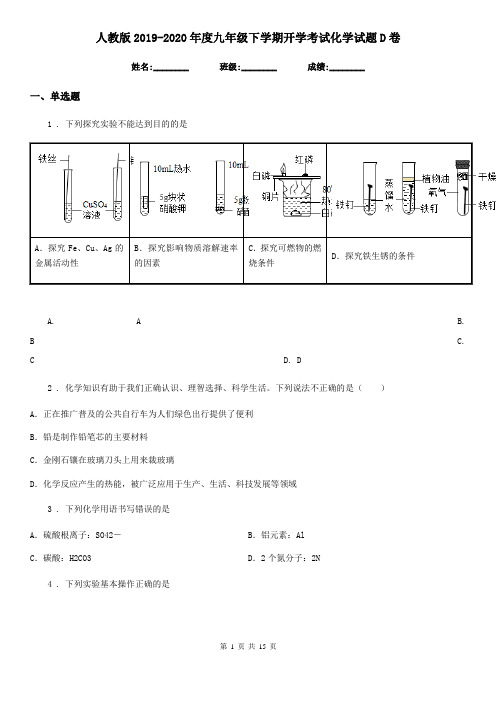 人教版2019-2020年度九年级下学期开学考试化学试题D卷