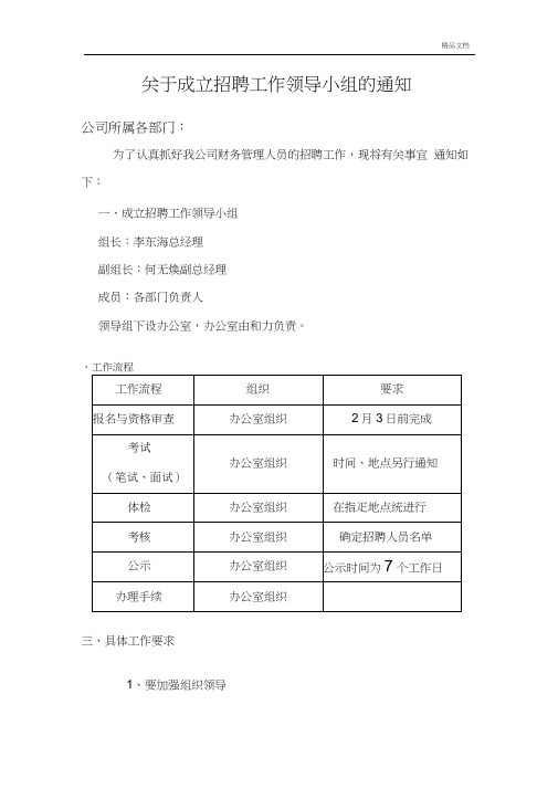 关于成立招聘工作领导小组