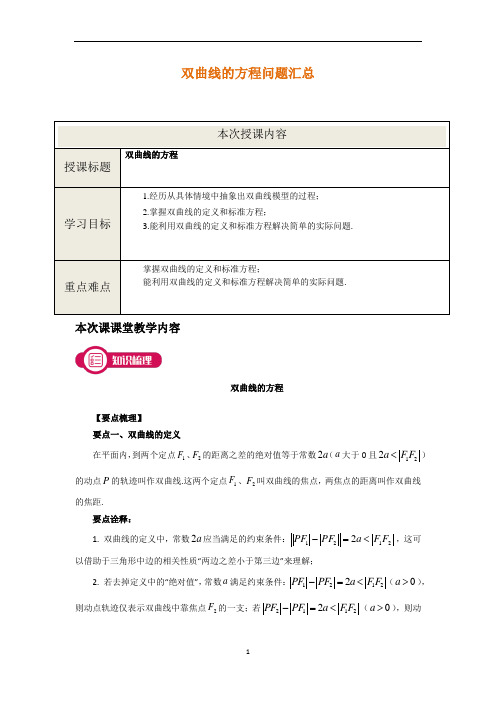 双曲线方程问题汇总