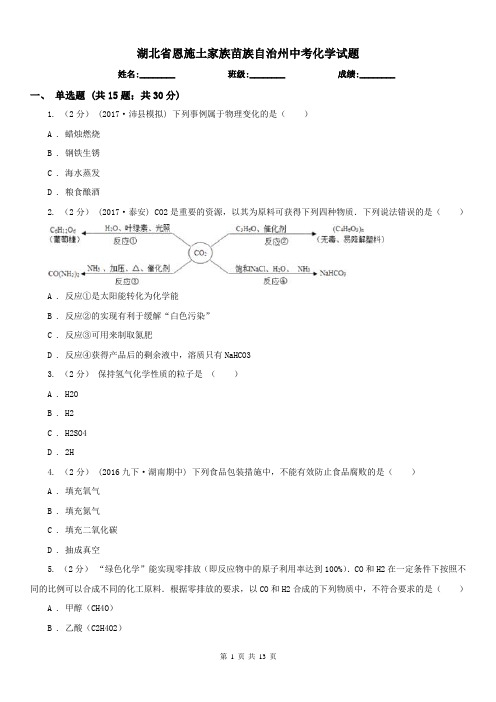 湖北省恩施土家族苗族自治州中考化学试题