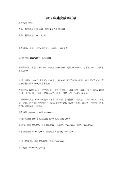 2012年建安成本汇总