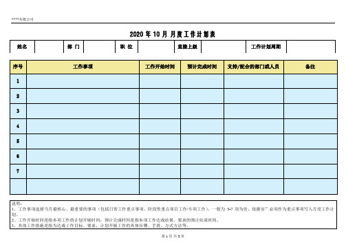 2020月度工作计划模板