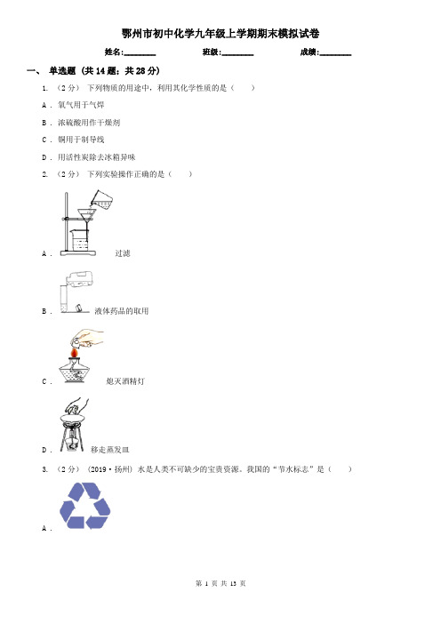 鄂州市初中化学九年级上学期期末模拟试卷