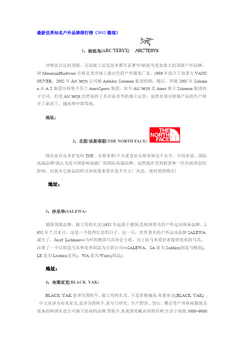 最新世界知名户外品牌排行榜