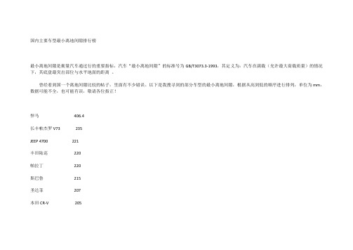 国内主要车型最小离地间隙排行榜