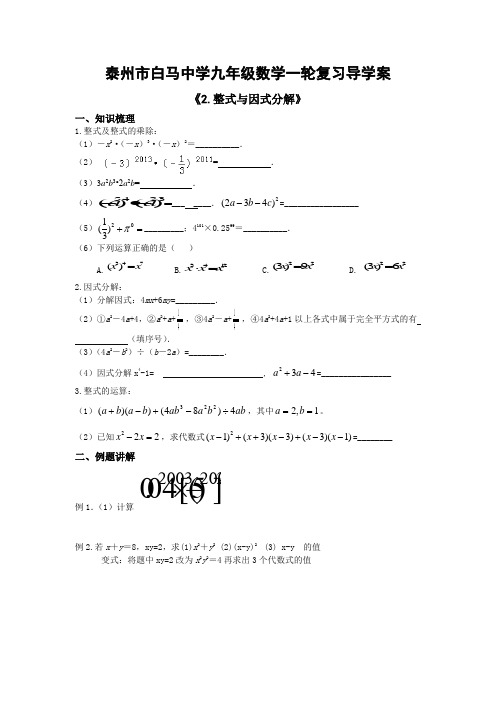 江苏省泰州市白马中学九年级数学一轮复习导学案2.整式与因式分解(无答案)