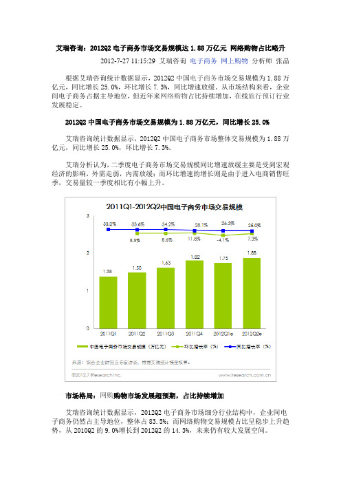 2012年2季度电子商务市场交易规模达1.88万亿元