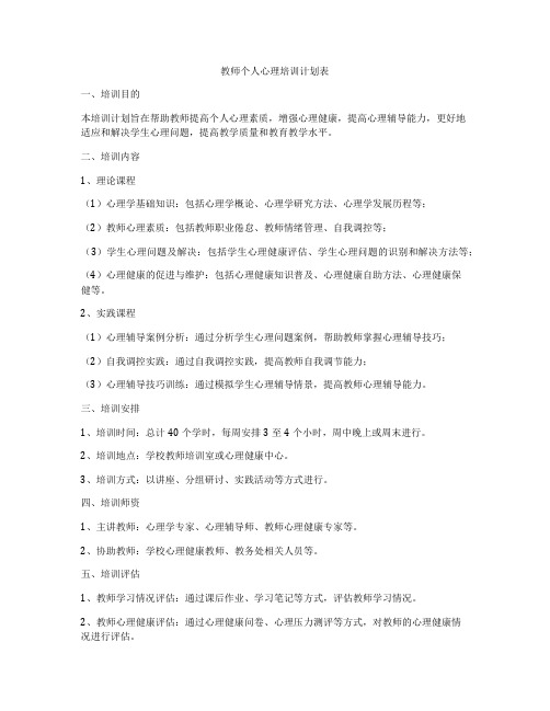 教师个人心理培训计划表