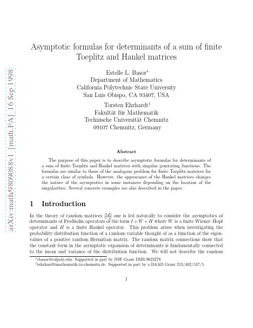 Asymptotic formulas for determinants of a sum of finite Toeplitz and Hankel matrices