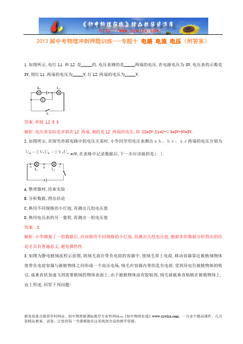 2013届中考物理冲刺押题训练---专题十 电路 电流 电压(附答案)