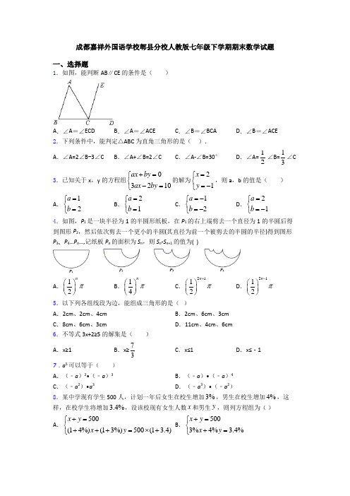 成都嘉祥外国语学校郫县分校人教版七年级下学期期末数学试题