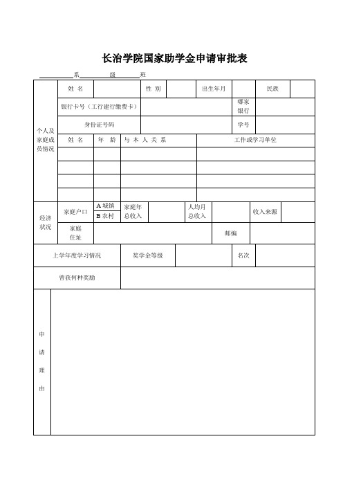 国家助学金审批表(正反面一式一份)