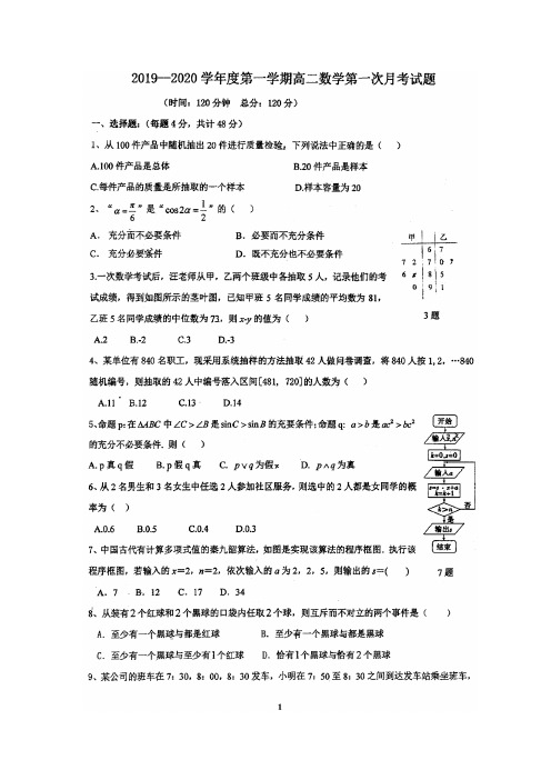 陕西省西北大学附属中学高二上学期第一次月考数学试题扫描含答案