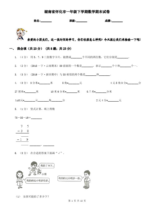 湖南省怀化市一年级 下学期数学期末试卷