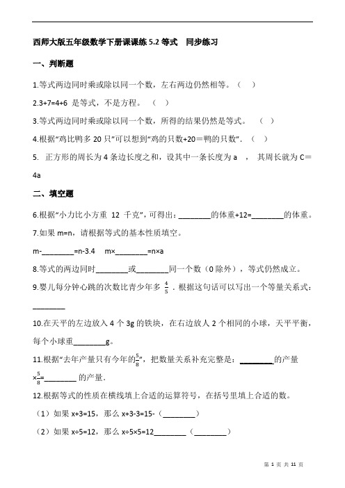 西师大版五年级数学下册课课练5.2等式  同步练习