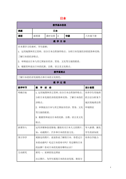 八年级地理下册 7.1 日本教案2 中图版