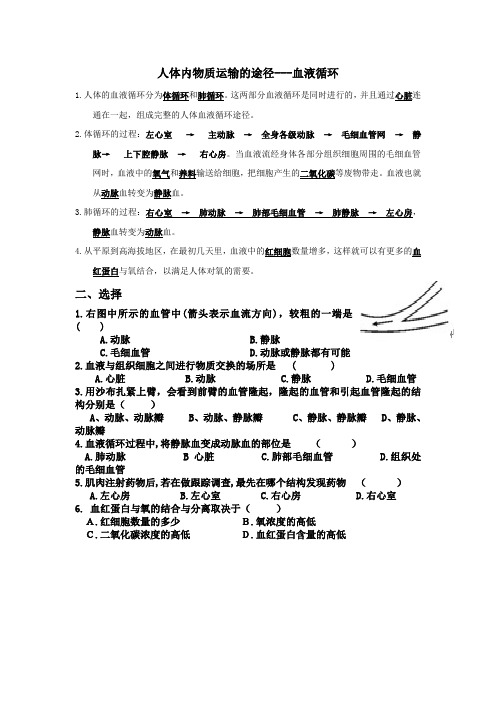 生物人教版七年级下册血液循环的途径练习