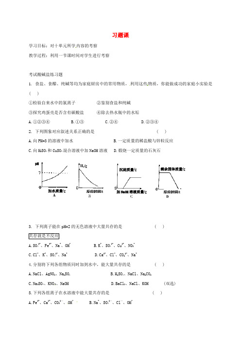 河北省保定市雄县九年级化学下册第10单元课题1常见的酸和碱习题课2导学案无答案新版新人教版20200729357