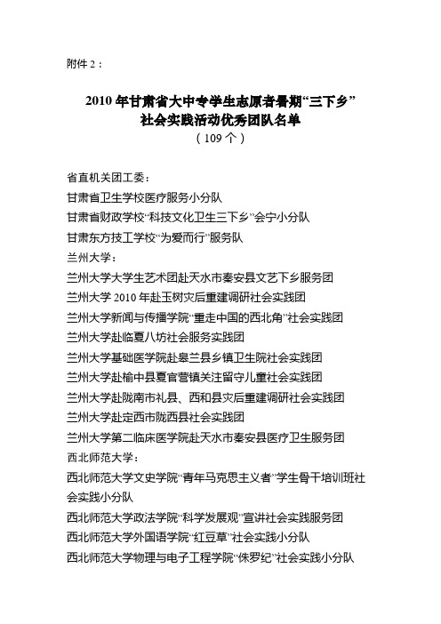 2010年甘肃省大中专学生志愿者暑期“三下乡”社会实践活动优秀团队名单