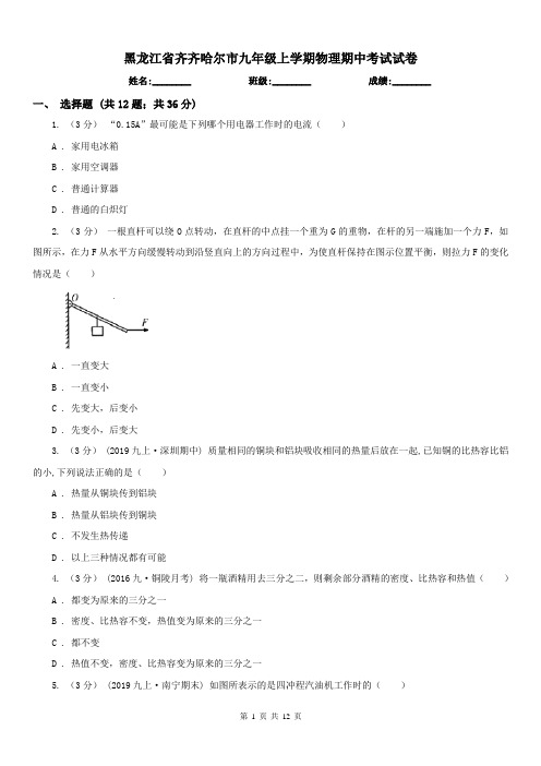 黑龙江省齐齐哈尔市九年级上学期物理期中考试试卷