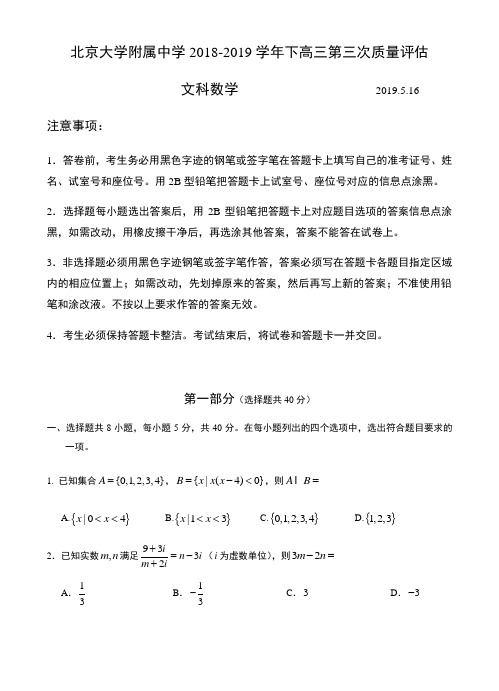 北京大学附属中学2018-2019学年下高三第三次质量评估文科数学试题(含答案)