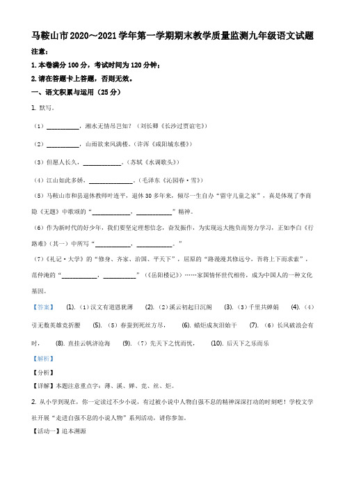 安徽省马鞍山市2020-2021学年九年级上学期期末语文试题(解析版)