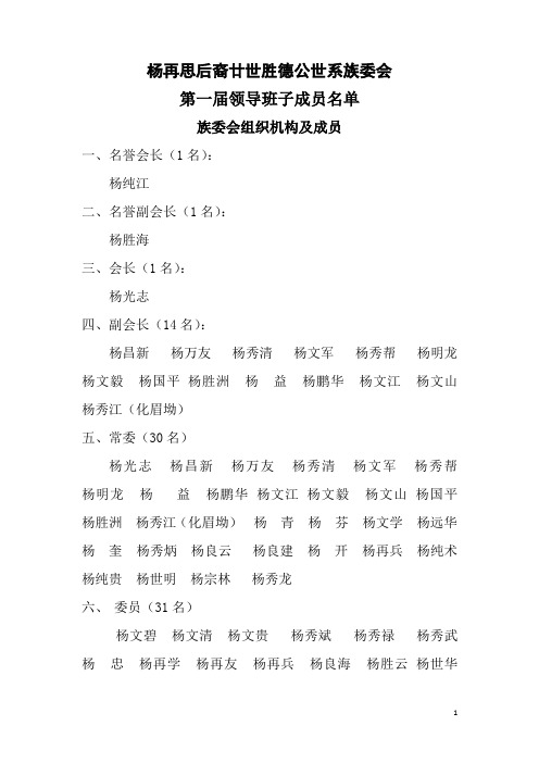 杨再思后裔廿世胜德公世系族委会第一届领导成员名单