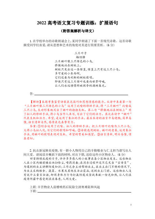 2022高考语文复习专题训练：扩展语句(附答案解析与译文)