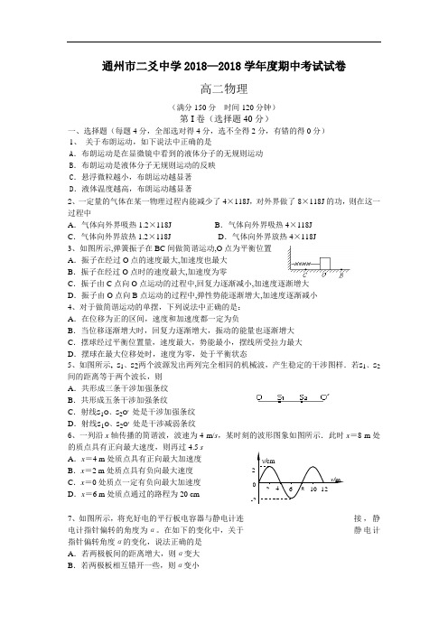 最新-通州市二爻中学2018学年度期中考试试卷高二物理 精品