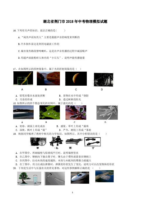 2018年荆门市中考物理模拟试题