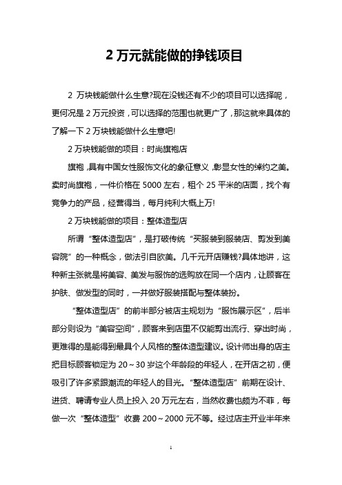 2万元就能做的挣钱项目