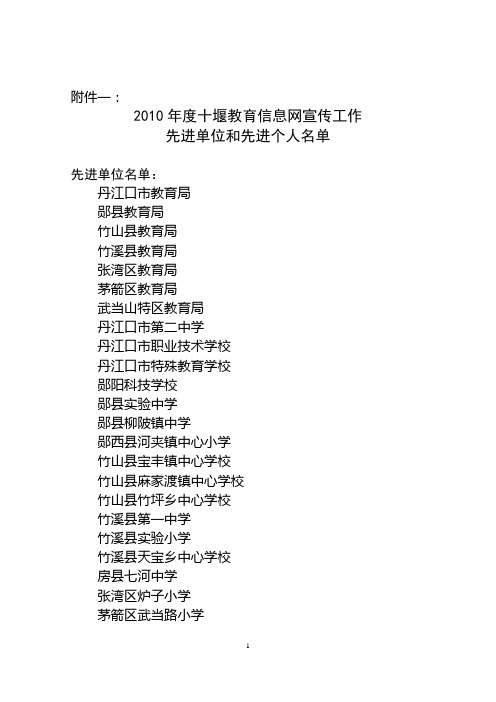 2010年度十堰教育信息网宣传工作先进单位和先进个人名单