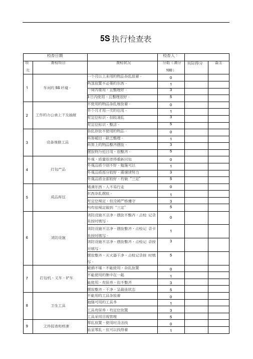 5S执行检查表模板