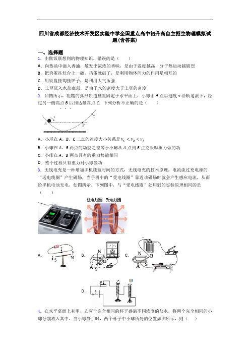 四川省成都经济技术开发区实验中学全国重点高中初升高自主招生物理模拟试题(含答案)