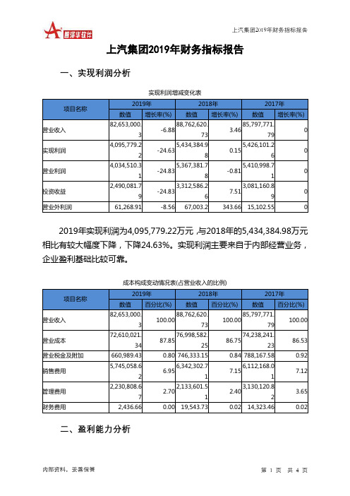 上汽集团2019年财务指标报告