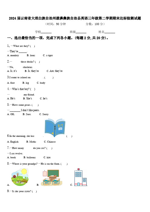 2024届云南省大理白族自治州漾濞彝族自治县英语三年级第二学期期末达标检测试题含解析