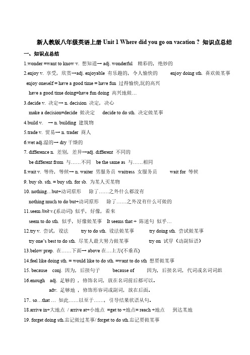 新人教版八年级英语上册Unit 1 Where did you go on vacation  知识点总结