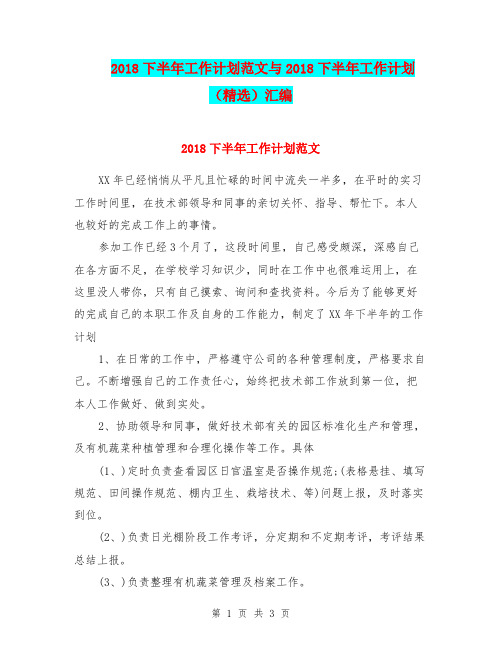 2018下半年工作计划范文与2018下半年工作计划(精选)汇编