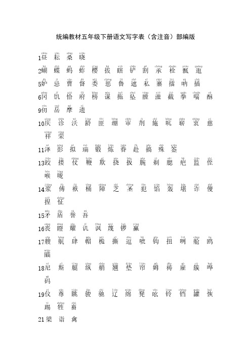 统编教材五年级下册语文写字表(含注音)部编版