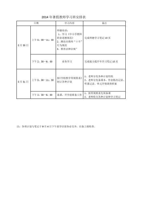 2014年暑假教师学习班安排表