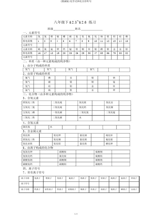 (完整版)化学式和化合价听写
