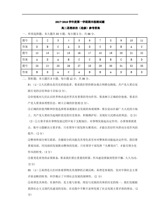 江苏省扬州中学2017-2018学年高二上学期期末考试政治(选修)答案